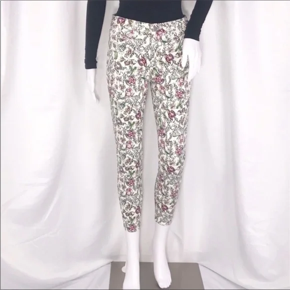 L’Agence Cream Floral Print Margot Skinny Cropped Jeans Sz25 Zip Fly ButtonClose - Picture 13 of 16